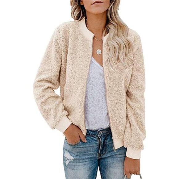 Women's Sherpa Fleece Jacket Faux Fuzzy Long Sleeve Casual Zip Up Bomber Coat - Picture 1 of 6